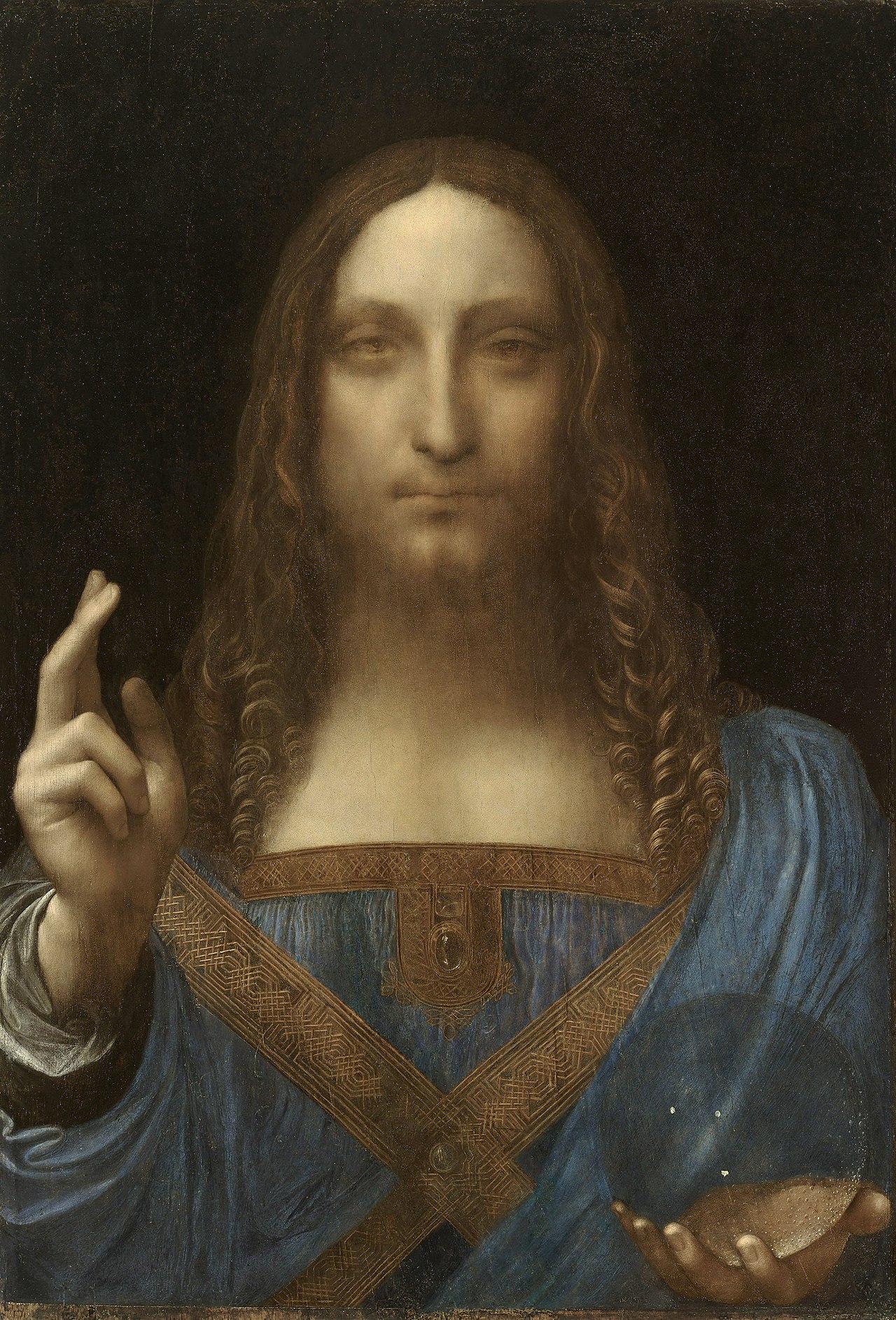 Salvator Mundi,c.1500 Leonardo da Vinci, oil on walnut 45.4 × 65.6 cm. Image from Wiki