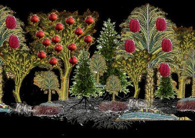 Ultimate Living: large trees in colour with pomegranates and dates
