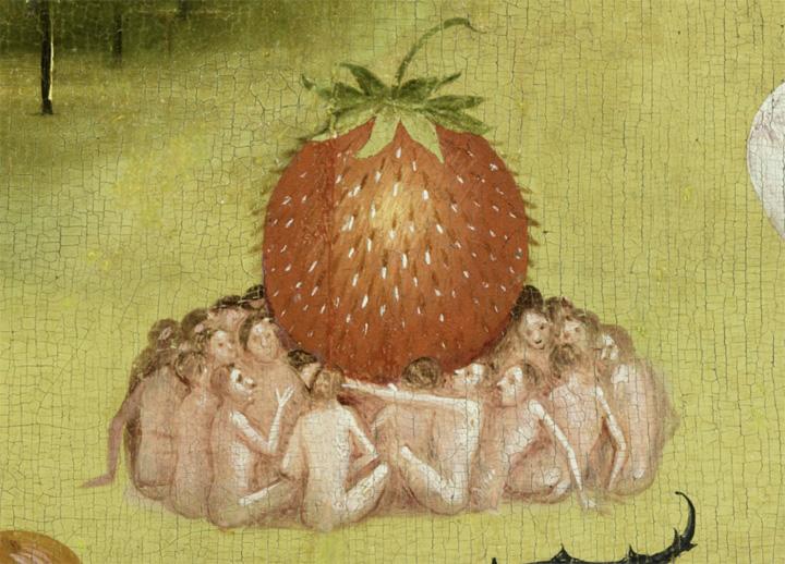 Detail from Hieronymus Bosch Garden of Earthly Delights: one of many strawberry symbolising the pleasure of forbidden fruit