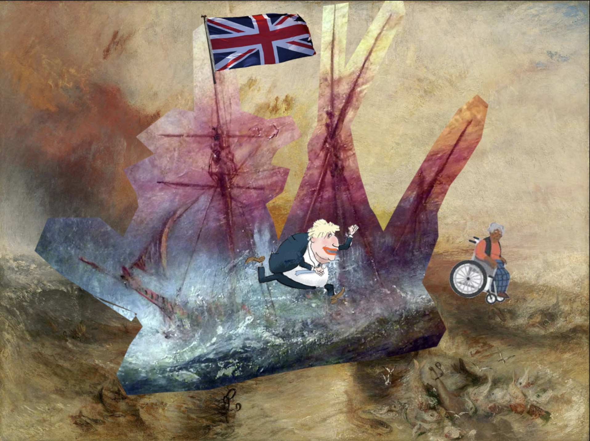 composite modified turners slave ship - with the ship on the painting to show the drowning slaves with added union jack on the maim=n mast plus cartoon of boris pushing a woman in a wheelchair off the back of the ship