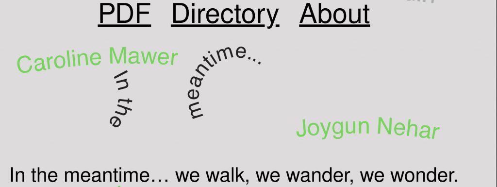 Image of the In the meantime RCA directory. The layout shows two curves, and the words In the meantime .. we walks, wander and wonder