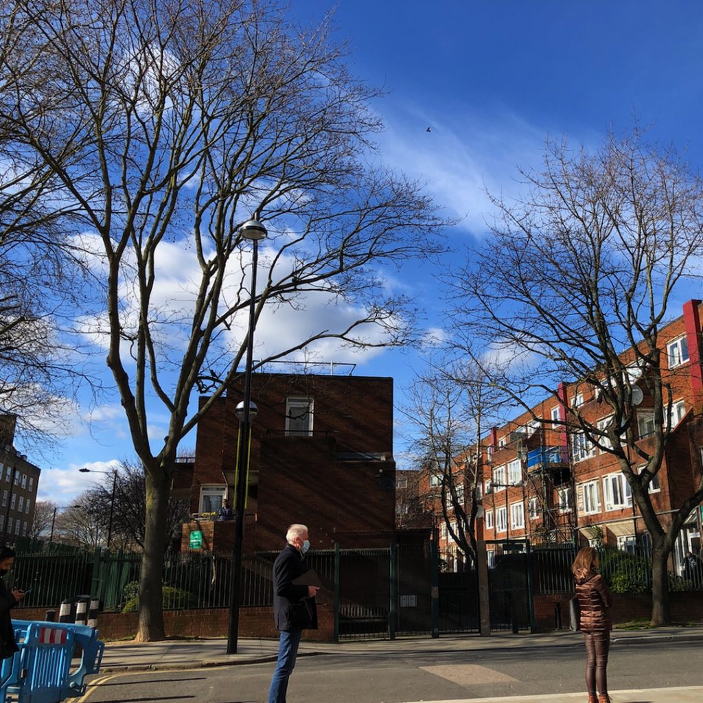 Three leafless trees have their black winter-skeletons crammed between multiple red-brick council blocks in this photograph. It’s all set against a few perfect clouds in a gorgeous blue sky - behind a socially-distanced queue for Covid vaccinations