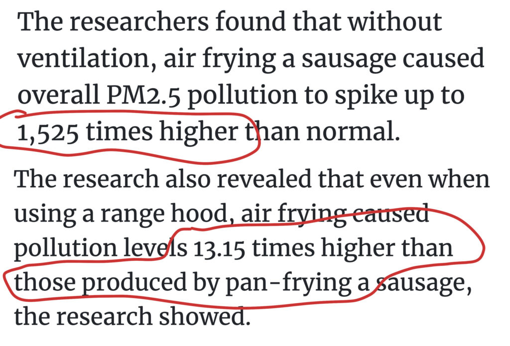 Text that air frying a sausage produces 13.15 times PM pollution than pan frying  
