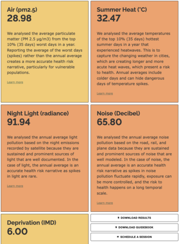 personalised data about air, summer heat, night light, noise and deprivation.