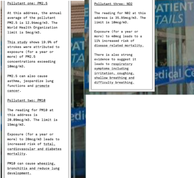 detailed results from addresspollution.org for PM 2.5 PM10 and no2