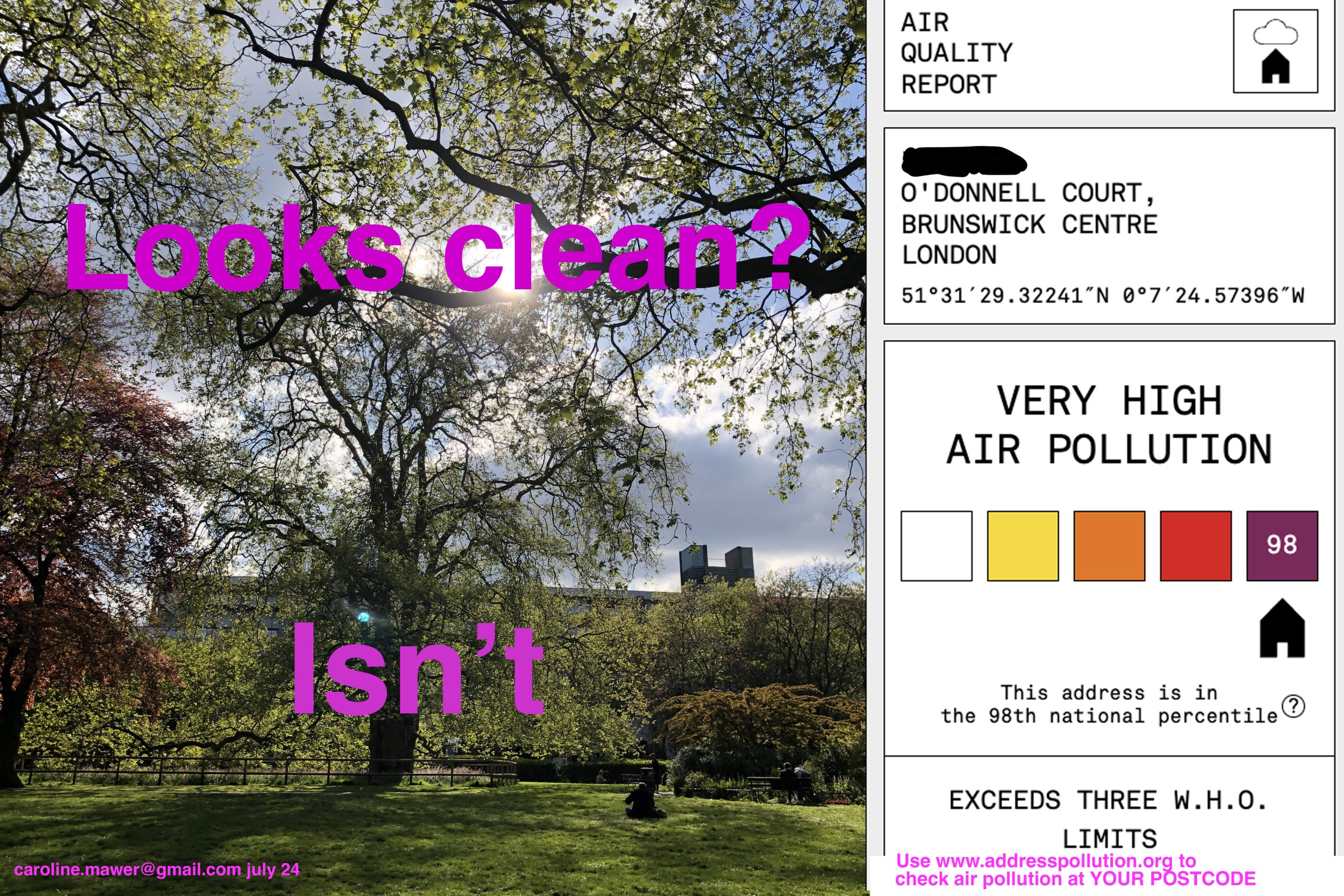 facing left: my photo of gorgeous Brunswick Plan in late spring, in front of Brunswick centre. Right half: very high air pollution shown on addresspollution.org website report.